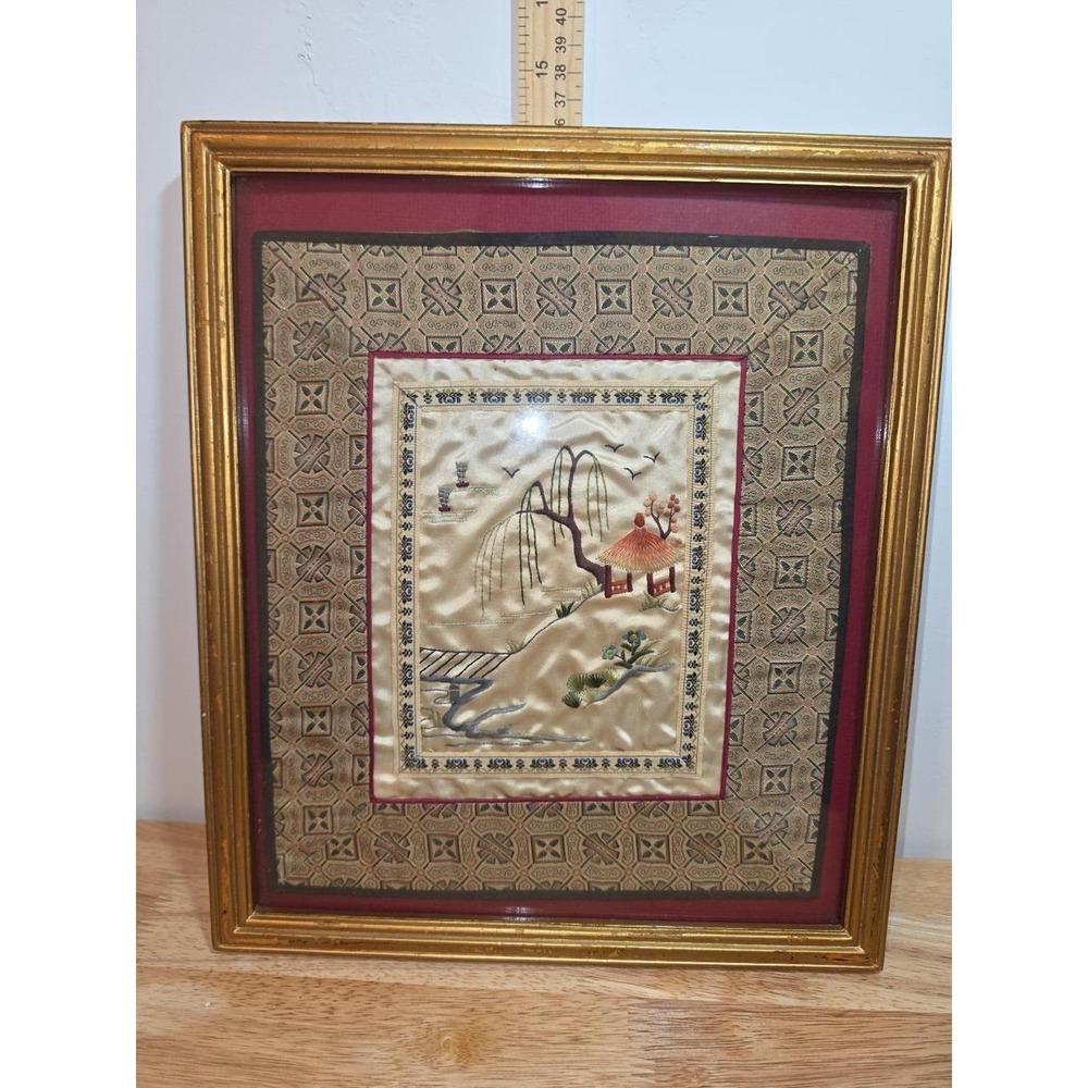 vintage framed Asian silk hand-embroidered panel traditional landscape